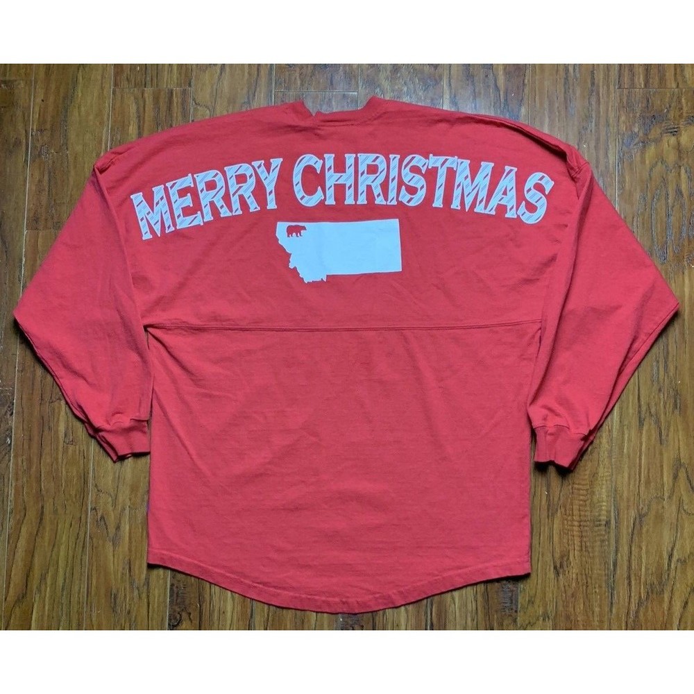 Spirit Jersey Shirt Womens Small Red Long Sleeve Merry Christmas Montana Map